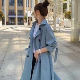 Trench Coats 2021 Fashion Women Trench Coat Beige Blue Long Double-Breasted With Belt Spring Autumn Lady Coat Female Korean Loose Outerwear Y2209