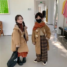 Coat Children's tweed coat winter boys and girls Korean hooded medium long thickened 220927