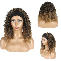 Short Curly Brown Synthentic Wig with Headband Heat Resistant Gluless wig