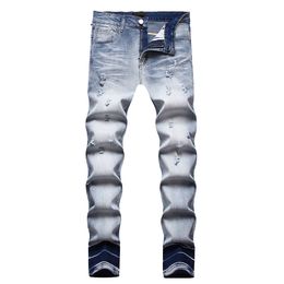 Men's Jeans European Jean Blue Sllim Fit Hombre Solid Men Ripped For Trend Brand Motorcycle Pant Mens Skinny