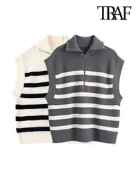 Women's Vests TRAF Women Fashion Front Zip Loose Striped Knit Vest Sweater Vintage High Neck Sleeveless Female Waistcoat Chic Tops 220928