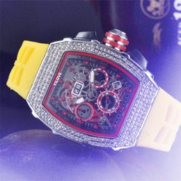 Luxury Diamonds Multi-function Watch 43mm Fashion Yellow Rubber Band Clock Quartz Imported Movement Waterproof Quality Gift Hollowed Out Design Wristwatches