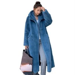 Womens Fur Faux Winter Coat Women Rabbit Hair Korean Hooded Imitation Mink Long Jacket Loose Thick Warm 220926