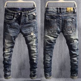 Mens Jeans Italian Vintage Fashion Retro Black Blue Stretch Slim Ripped Embroidery Patched Designer Casual Denim Pants 220928