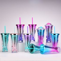 12oz Gradient Mermaid Tumblers Double Wall Cup with Straw Colourful Plating Glitter Coffee Mug A02