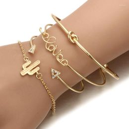 Charm Bracelets 4Pcs/lot Simple Gold Women Bracelet Set Personality Letter "Love" Bangles Cactus Knotted Triangle Geometric Jewelry