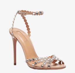 Summer Luxurious Tequila Leather Sandals Shoes Women Strappy Design Crystal-embellished Sexy Lady High Heel Dress Bridal Wedding EU35-43