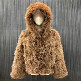 Womens Fur Faux Fur Luxury Natural Genuine Ostrich Feather Coat Hooded Fashion Sexy Long Sleeve Jacket Lady Warm 100%Real Turkey Fur Outerwears 220929