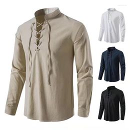 Camicie casual 2022 camicia da uomo alla moda pullover vintage a maniche lunghe in pizzo frontale su lino di cotone per uomo magliette camisas hombre2024