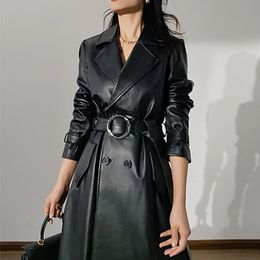 Women's Leather Faux Leather Women s Jackets Lautaro Spring Autumn Long Fitted Black Faux Leather Trench Coat for Women Belt Double Breasted Fashion Runway Raincoat