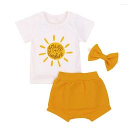 Clothing Sets Kids Suit 3Pcs Outfit Set Girls Sun Letter Print O-Neck Short Sleeve Tops Solid Color Shorts Headband 6 Months-3 Years