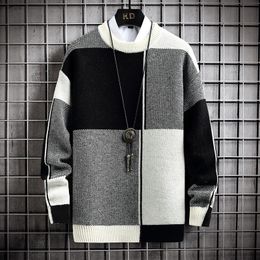 New Men Casual Sweater Thick Warm Harajuku Pullover Autumn Winter Mens Patchwork Plaid Sweaters Knitted O-Neck Tops Clothing