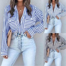 Women's Blouses Women Casual Pocket Shirts Stripe Print V Neck Button Roll Up Sleeves Blouse Summer Autumn Loose Ladies Top Blusa