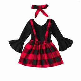 Clothing Sets Infant Baby Girls 3pcs Outfit Solid Colour Round Neck Flare Long Sleeve Romper Plaid Suspender Skirts Headband Spring Autumn