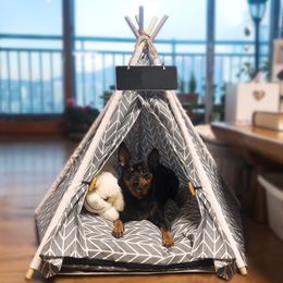 kennels pens Pet Teepee Dog Cat Bed White Canvas Cute House - Portable Washable Tents for Puppy with Cushion 220929