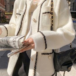 Womens Knits Tees Lazy Style Korean Retro Black Loose O Neck Knitted Cardigan Coat White Mink Cashmere Sweater Coat Women AutumnWinter 220929