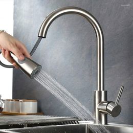 Kitchen Faucets 1/2" Stainless Steel Sink With Pull Down Sprayer Single Handle Deck Mount Out 360° Swivel