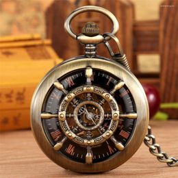 Pocket Watches Bronze Skeleton Boat Rudder Mechanical Watch Half Pendant Antique Manual Hand Winding Clock Vintage Gifts