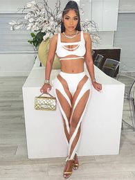 Women's Two Piece Pants Sexy Hollow Perspective Mesh Splicing Vest High Waist Casual Set Women 2022 Summer Bodycon Party Club Outfits Female