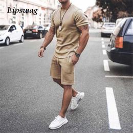 Men's Tracksuits Fashion Solid Two Piece Set For Men Casual O-Neck Short Sleeve Tops And Drawstring Shorts Tracksuits Male 2021 Summer Streetwear G220927