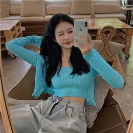 Women's Knits Tees Korean Style Two Piece Set Cardigan Women Sexy Autumn Candy Colour Long Sleeve Ribbed Knitted Cropped Sweater and Matching Vest 220929