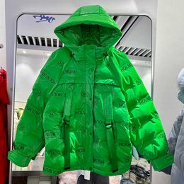 Women's Down Parkas Winter Clothes Green Puffer Jacket Women Fashion Short Parkas Bright Candy Colour Hooded Thick Warm Letter White Duck Down Coat T220928