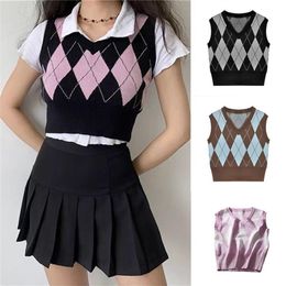 Women's Vests Vintage Plaid Sweater Vest Women V-neck Sleeveless Tank College Style Knitting Pullovers Tops for Daily 220928