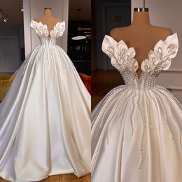 2023 Designer Wedding Dresses Bridal Gown Sleeveless Satin Pearls Beaded Ruffles Plus Size Custom Made Vestido De Novia Floor Length 401 401