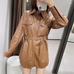 Women's Leather Women's & Faux Shirt Jacket Women 2022 Spring French Niche Single-Breasted Long-Sleeved PU Blouse With Belt
