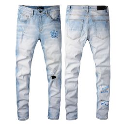 Trendy Cross Print Wash Worn Out Small Foot Rip Slim Fit Tight Men's Pants Patch Wearing Cycling Elastic AMIRS Hole Jeans Neutral