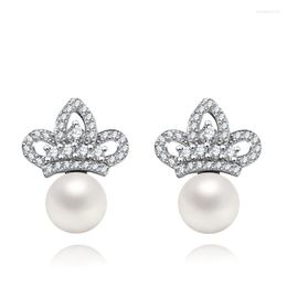 Stud Earrings Authentic 925 Sterling Silver Earring Simple Crown Pearl Full Crystal For Women Girl Wedding Party Jewelry Gift