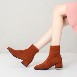Boots Elegant Women Ankle Beige Block High Heels Stretch Sock Square Toe Chunky Zipper Lady Winter Party Shoes