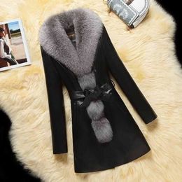 Women's Fur Faux Spring Autumn Haining Leather Coat Women PU Mid-length Collar Overcoat With Cotton Female Q324 T220928