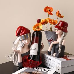 Decorative Objects Figurines Creative Girl Wine Bottle Holder Flower Vase Pots Resin Statue Wine Bottle Rack Figure Tabletop Living Room Decoration 220928