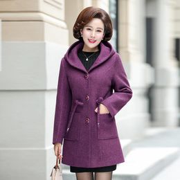 Women's Wool Women's & Blends 2022 Autumn Fashion Long Faux Coat Women Plus Size Middle Aged Mom Hooded Woollen Elegant Slim Ladies