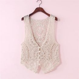 Women's Vests All-match Sleeveless Hollow Out Tank Top Solid Colour Short Knitted Waistcoat Crochet Cardigan Sweater Vest Women Outwear 220928
