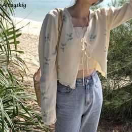 Womens Knits Tees Cardigan Women Vintage Embroidery Sweet Simple Tender Spring Lovely Laceup Bow Allmatch Sun Protection Daily Knitted Sweaters 220929