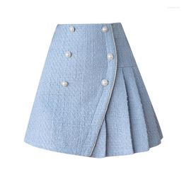Skirts PERHAPS U Women Woolen Spliced Pockets Pearl Buttons Irregular Slim A-line Pleated Mini Short Skirt With Lining S3016