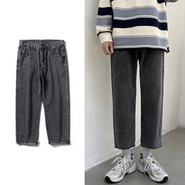 Men's Jeans Men's Streetwear Smoky Grey Baggy Jeans Autumn Korean Fashion Straight Denim Cropped Trousers Wide Leg Pants Male 220929