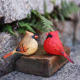 Decorative Objects Figurines Wooden Bird Ornament Wood Carving Crafts American Cardinal Couple Red Bird Statue Handmade Carved Figurine Home Garden Decor 220928