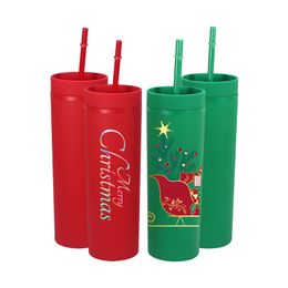 16oz Acrylic Tumblers Christmas Red Green Water Bottles With Straws Plastic Drinking Cups Double Insulated Glass BPA Free A12