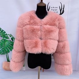 Womens Fur Faux Women fake fur jacket short coat fluffy pink 3 large rows luxury fashion faux high quality 220929