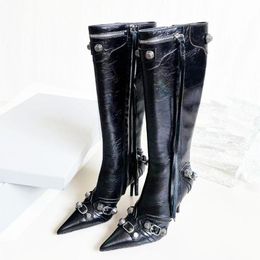 Designer Boots High Women Heels Shoes Cagole Leather Stud Buckle Trim Side Zipper Point Toe Stiletto Heels