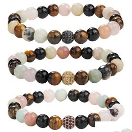 Link Chain New 8Mm Tiger Eye Agate Beads Bracelet For Women Girls Elastic Adjustable Copper Inlaid Micro Zircon Lucky Jewerly Gift D Ot3Fq