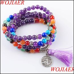 Beaded Strands 108 Meditation Mti-Layer Long Strands Bracelets 7 Chakra Yoga Natural Round Mala Beads Tassel Jewellery Drop Delivery 20 Dhjgm