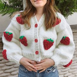 Women's Knits Tees JuSaHy Elegant Strawberry Decoration Christmas Cardigan Sweaters for Women Girls' Single Breasted Loose V-Neck Coat Clothing 220929