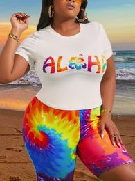 Tracksuits LW Plus Size Shorts Set Letter Print Tie-dye Summer Casual Matching Outfits For Women Short Sleeve Top And Pants Sets