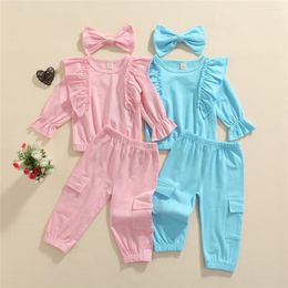 Clothing Sets 1-5Y Infant Kids Baby Girls 3Pcs Clothes Set Ruffled Flare Long Sleeve Shirt Pocket Pants Headband Solid Spring Autumn Outfits