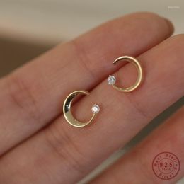 Stud Earrings 925 Sterling Silver Small Zircon Glossy Moon For Women Korean Sweet 14K Gold Plated Jewelry Gift