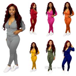 Ladies Autumn Clothing Fashion Leisure Tracksuits Solid Colour Hooded Zipper With Pocket Cardigan Pencli Pants Two Piece Suit